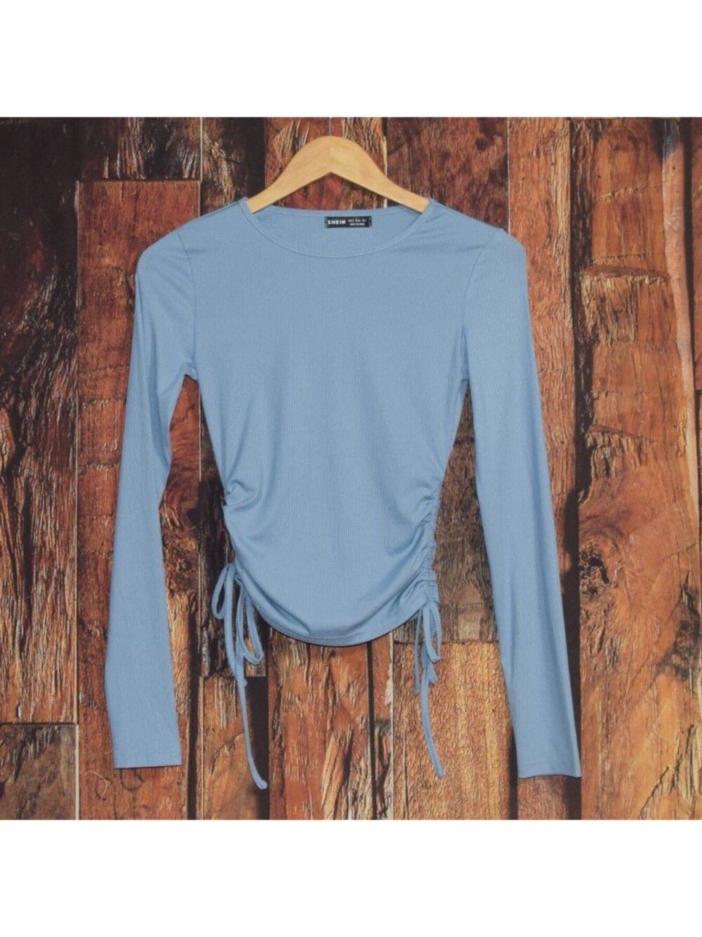 Shein Women's Sz S Blue Ribbed Ruched Side Soft Cropped Blouse Shirt